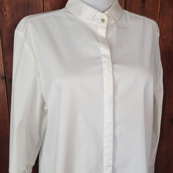Black Label by Chico’s White Long Shirt Dress Tunic Top Lace Sleeves Size 2 Lg. - Picture 5 of 16